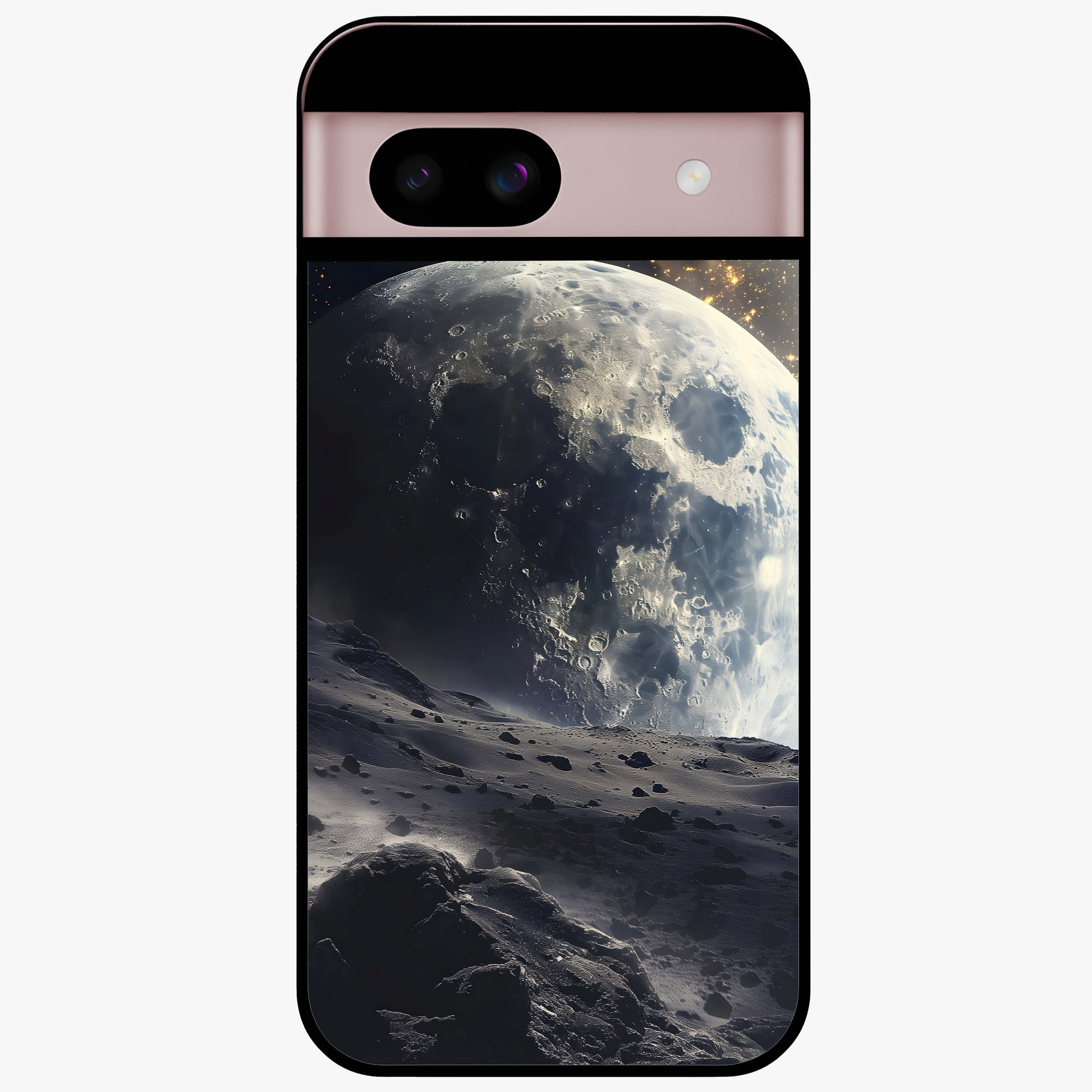 Lunar Horizon Glow Glass Case showing flat back view with glowing moon horizon artwork and glossy glass finish.