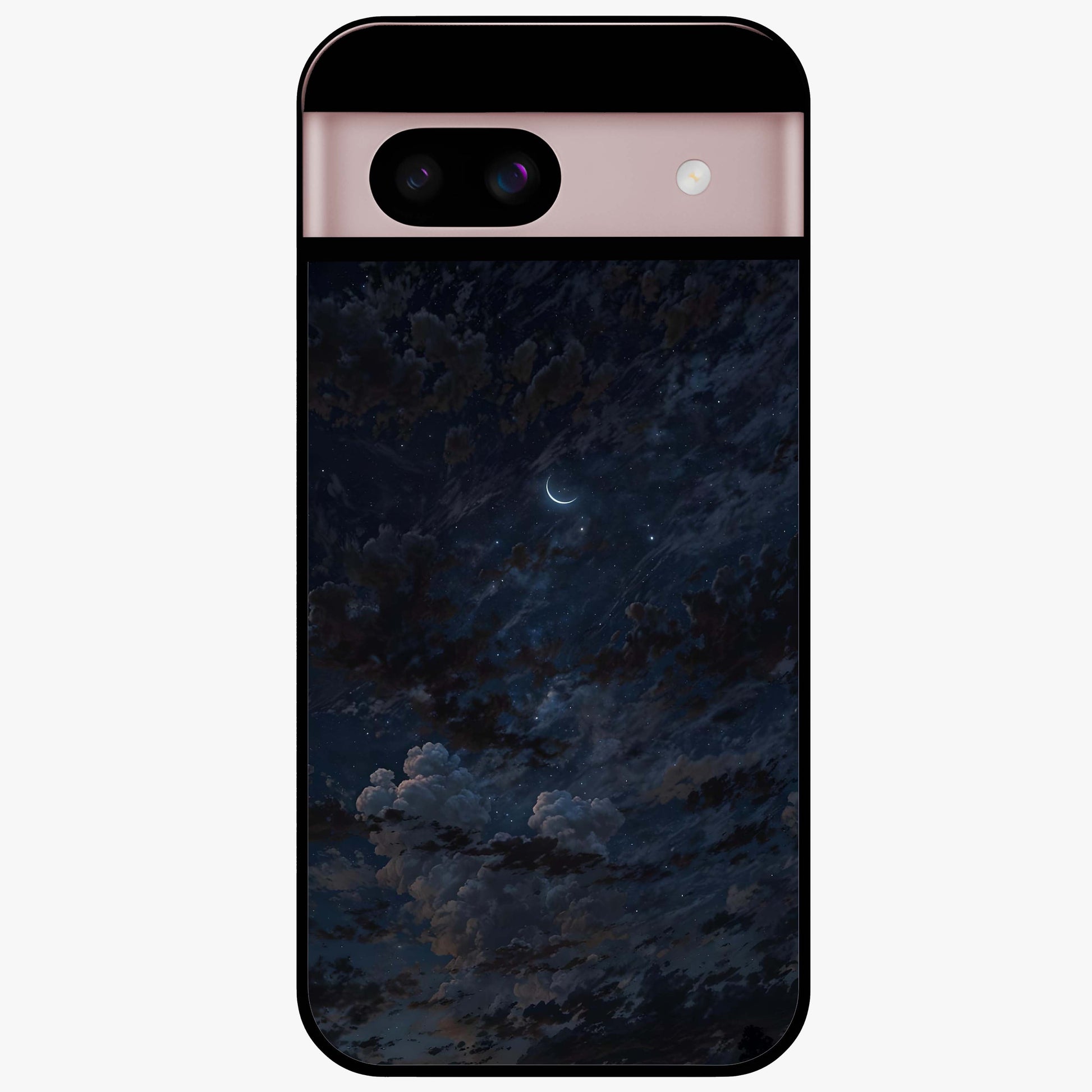 Lunar Veil Silence Glass Case showing flat back view with mystical moon veil artwork and glossy glass finish.