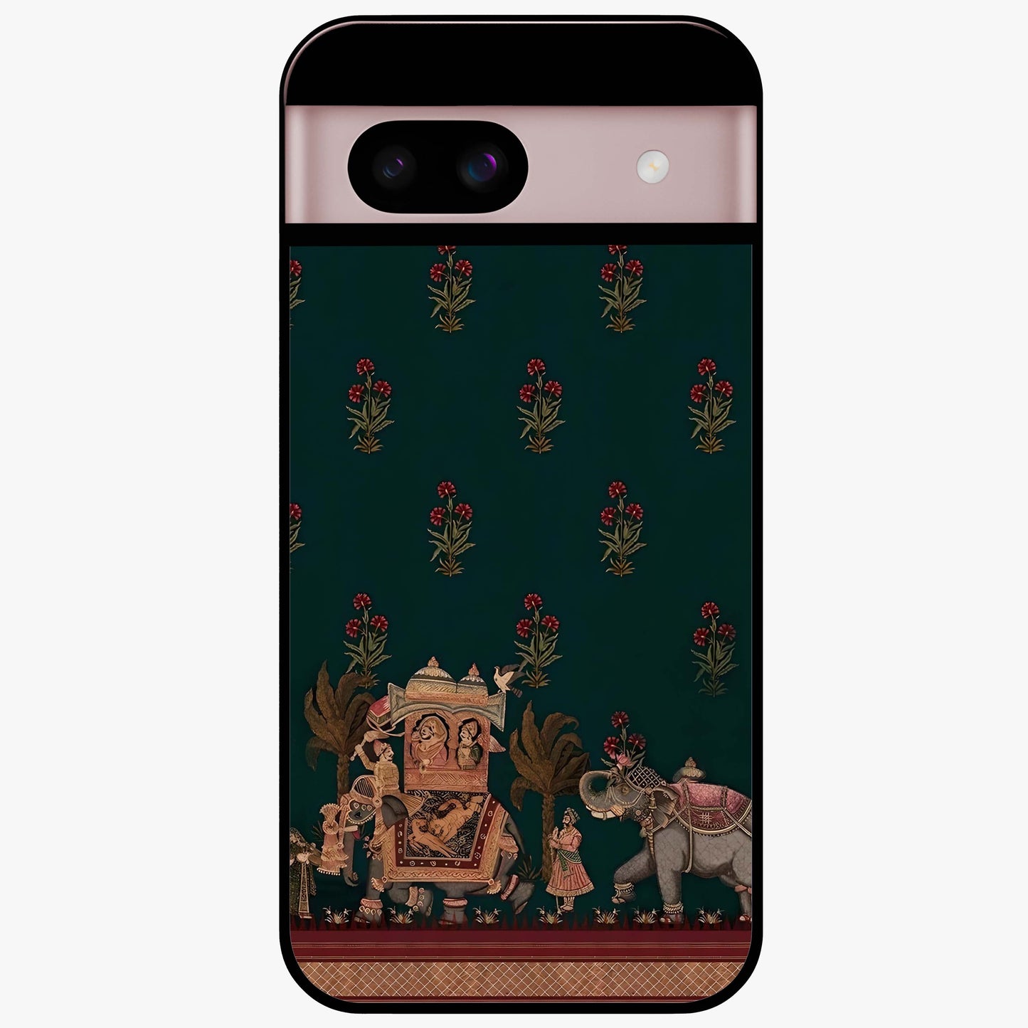 Macmerise Glass Case showing flat back view with stylish modern artwork and glossy glass finish.
