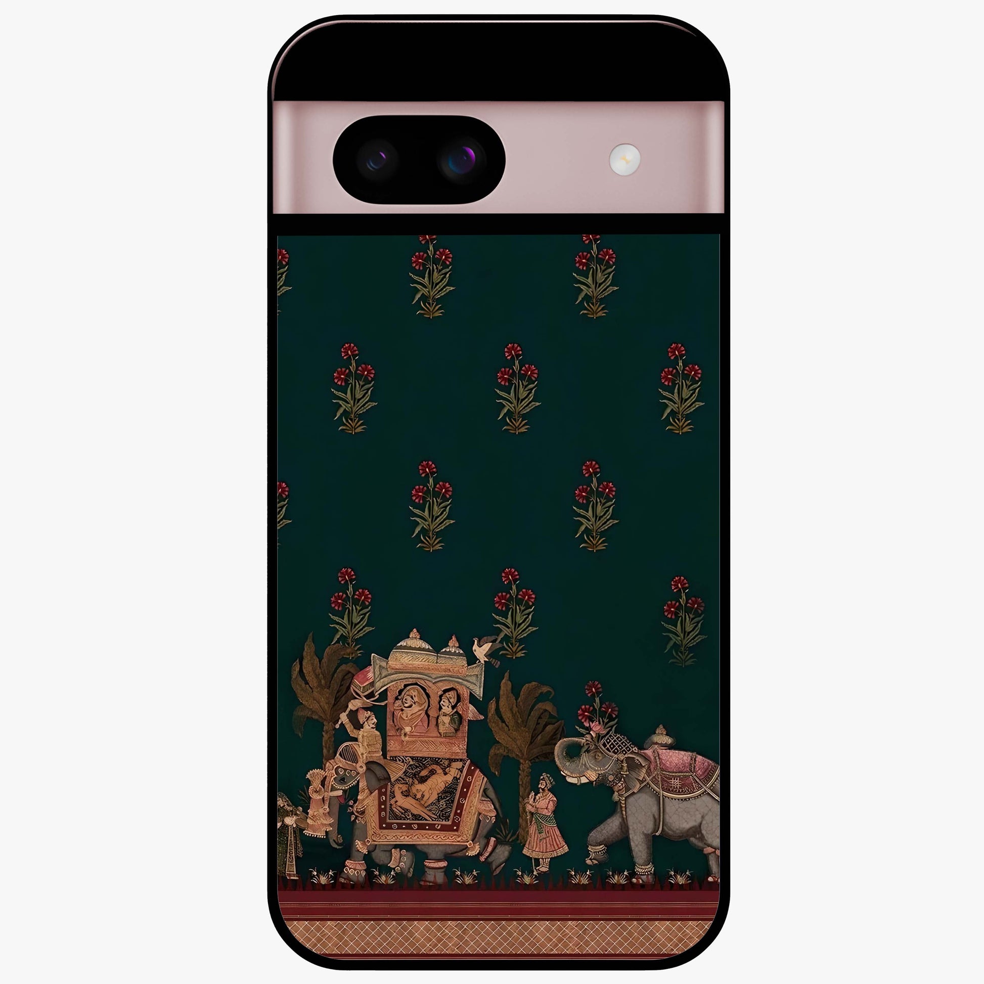 Macmerise Glass Case showing flat back view with stylish modern artwork and glossy glass finish.