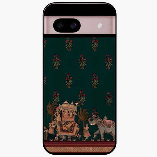 Macmerise Glass Case showing flat back view with stylish modern artwork and glossy glass finish.