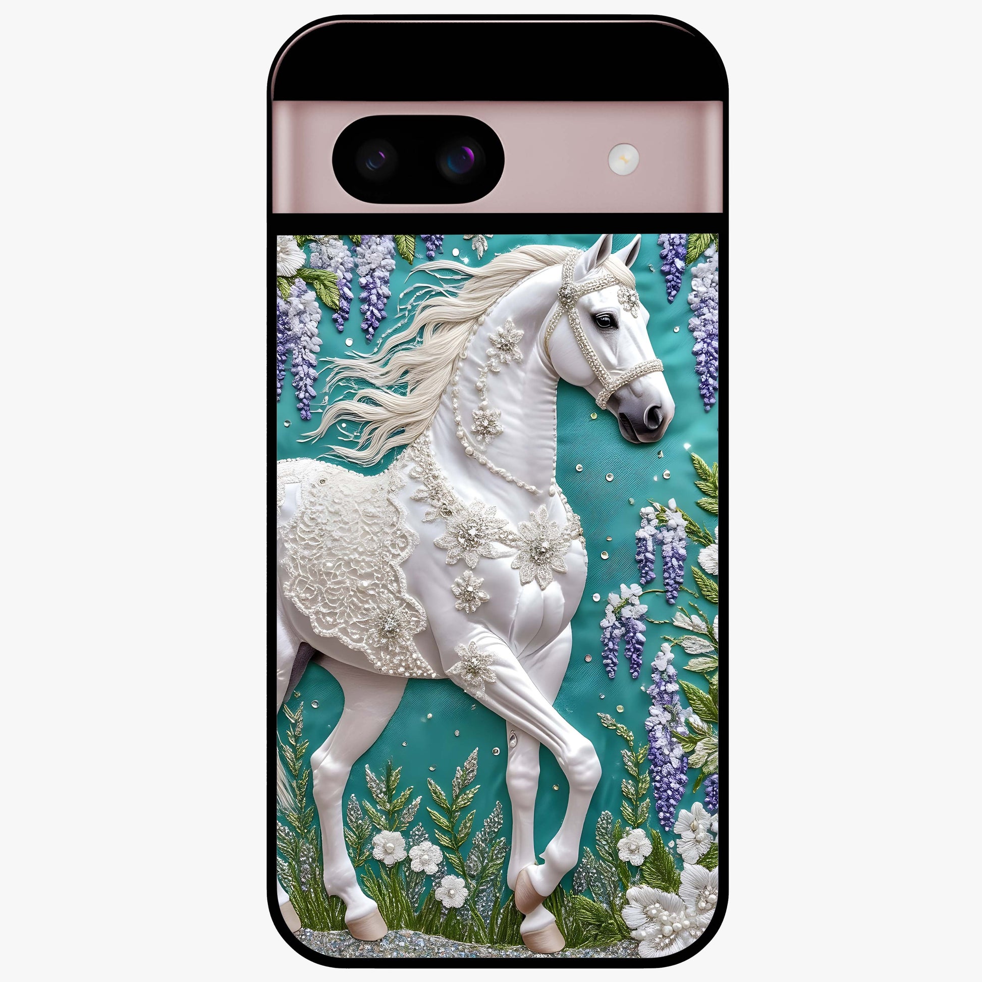 Majestic Floral Stallion Glass Case showing flat back view with powerful horse and floral artwork and glossy glass finish.