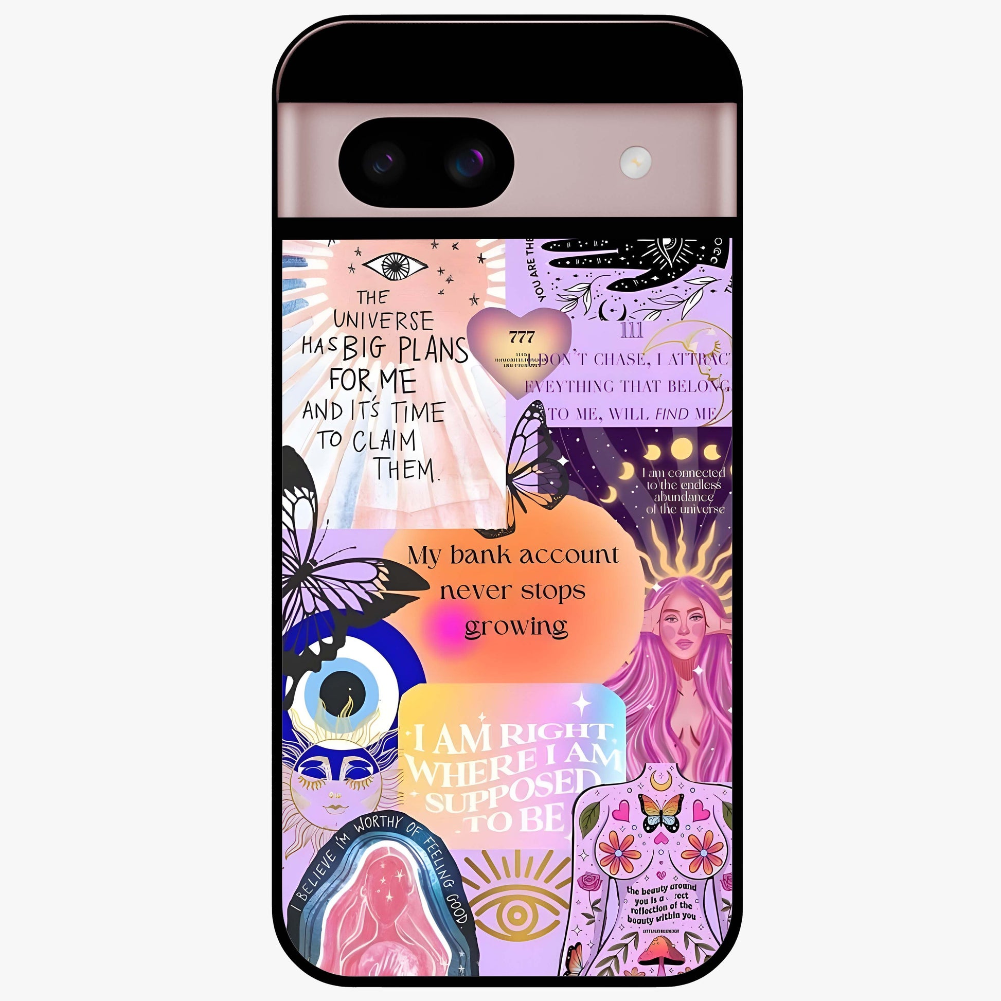 Manifestation Collage Glass Case showing flat back view with motivational collage artwork and glossy glass finish.