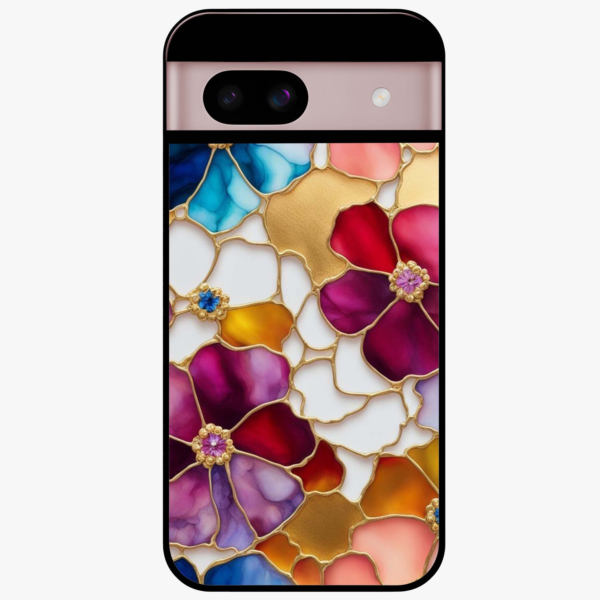 Marble Flower Pattern Glass Case showing flat back view with marble texture floral artwork and glossy glass finish.