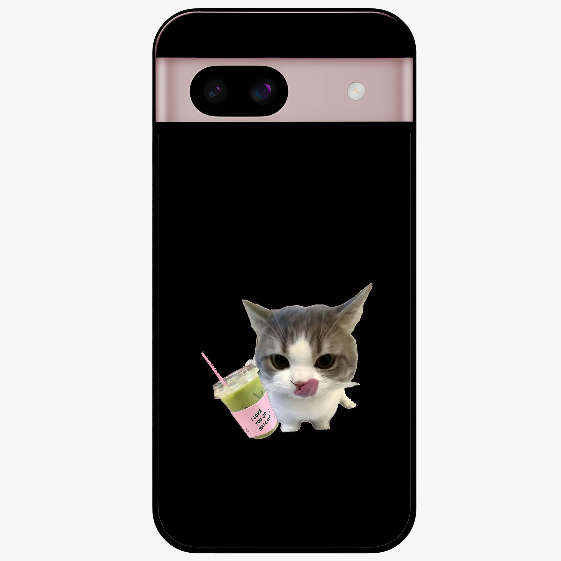 Matcha Cat Style Glass Case showing flat back view with cute matcha themed cat artwork and glossy glass finish.