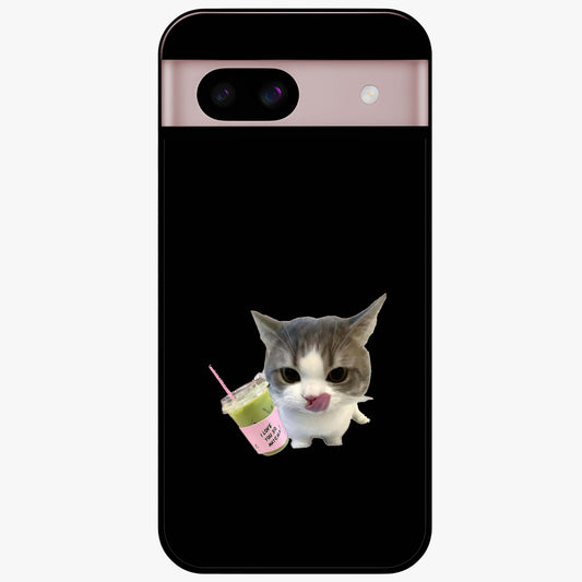 Matcha Cat Style Glass Case showing flat back view with cute matcha themed cat artwork and glossy glass finish.