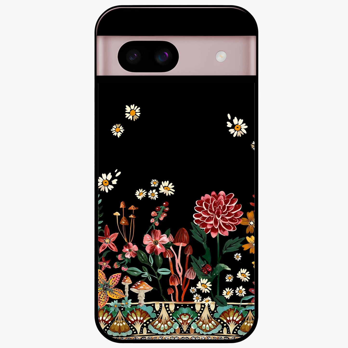 Midnight Bloom Pattern Glass Case showing flat back view with dark floral pattern artwork and glossy glass finish.