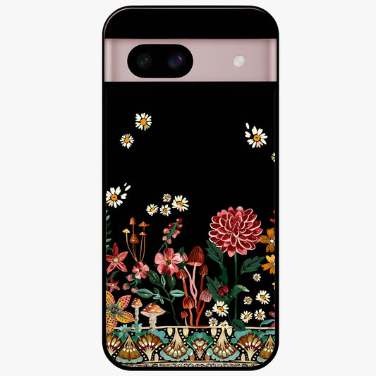 Midnight Bloom Pattern Glass Case showing flat back view with dark floral pattern artwork and glossy glass finish.