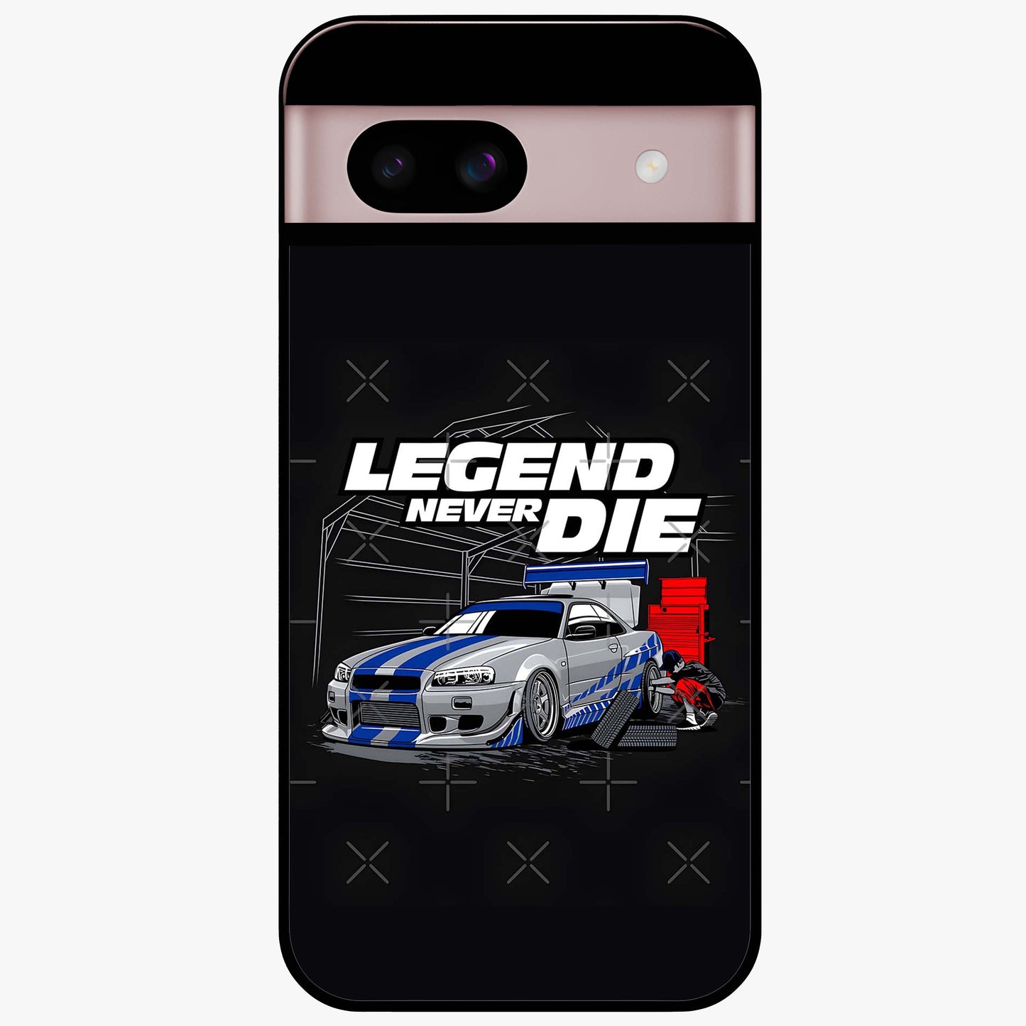 Midnight Racing Legacy Glass Case showing flat back view with sleek racing inspired artwork and glossy glass finish.