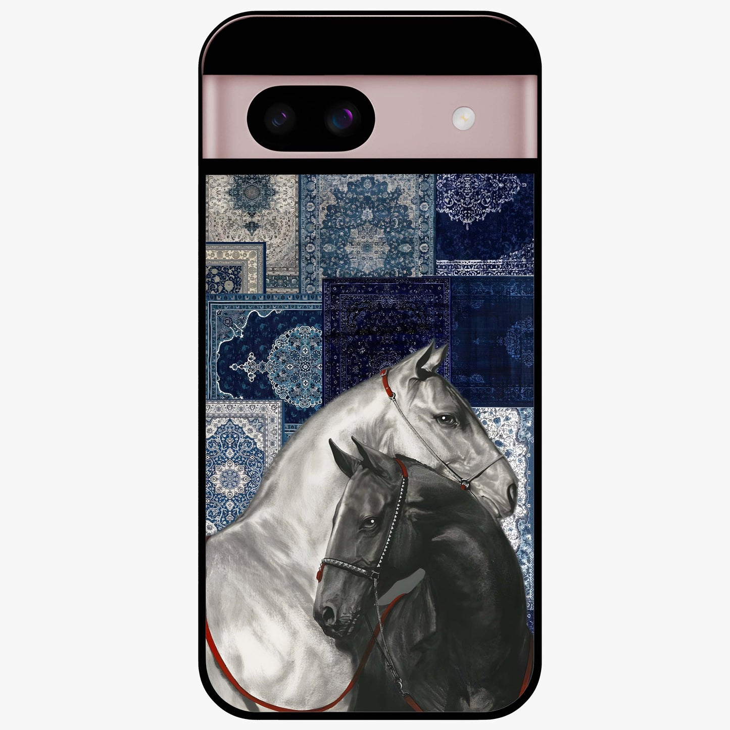 Midnight Stallion Blues Glass Case showing flat back view with majestic horse artwork and glossy glass finish.