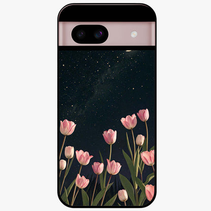 Midnight Tulip Whispers Vibe Glass Case showing flat back view with elegant tulip flower artwork and glossy glass finish.