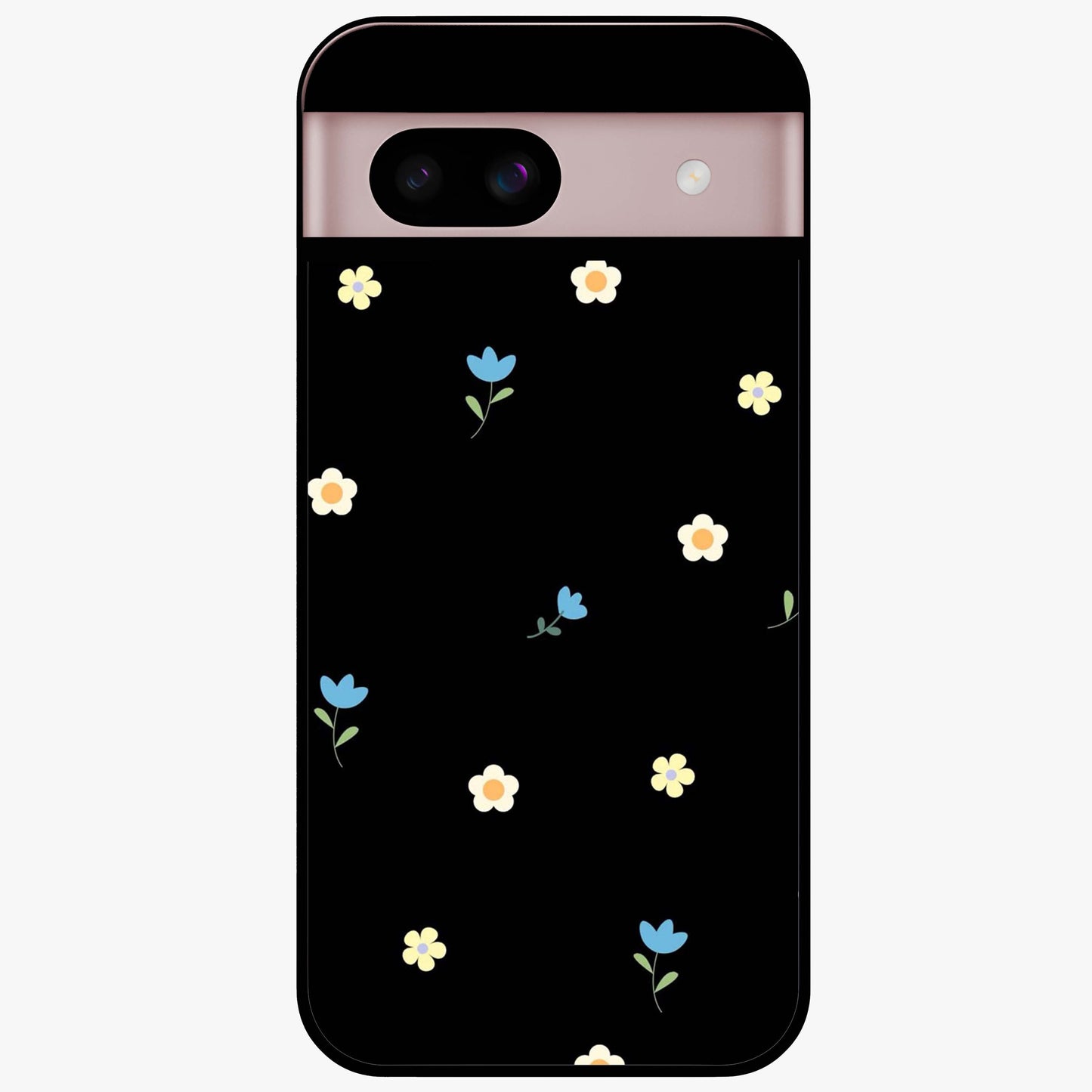 Minimalistic Blue With White Flower Pattern Glass Case showing flat back view with blue background and white flower pattern and glossy glass finish.