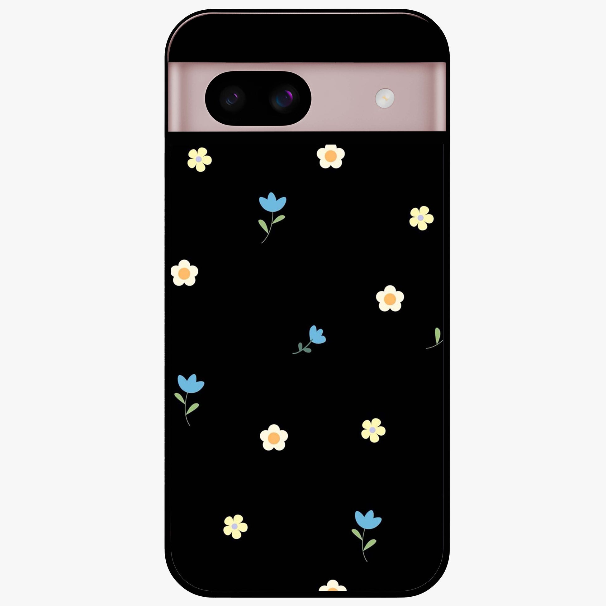 Minimalistic Blue With White Flower Pattern Glass Case showing flat back view with blue background and white flower pattern and glossy glass finish.