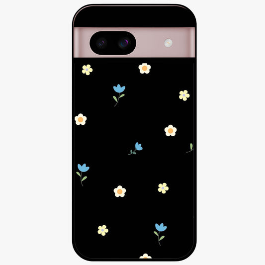 Minimalistic Blue With White Flower Pattern Glass Case showing flat back view with blue background and white flower pattern and glossy glass finish.