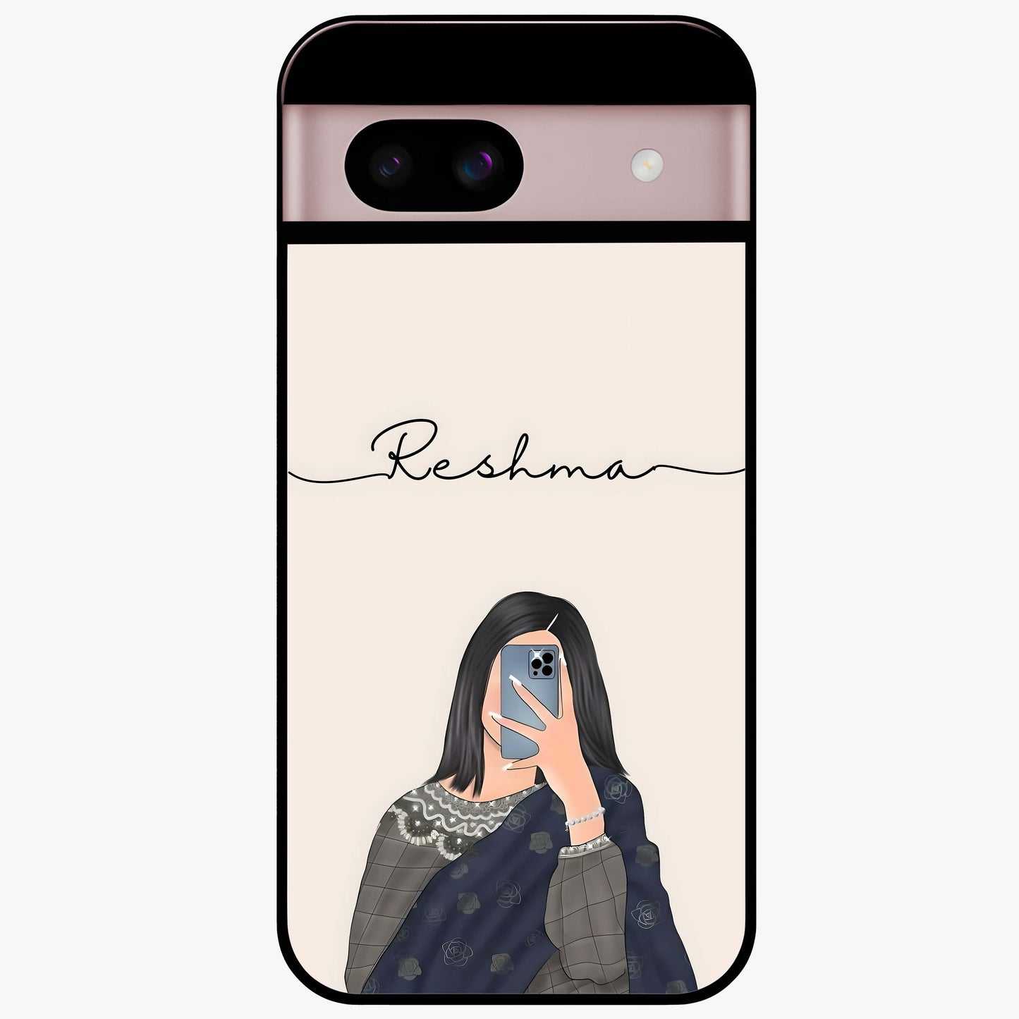 Mirror Mood Muse With Custom Name Glass Case showing flat back view with stylish mirrored artwork and personalized name design.