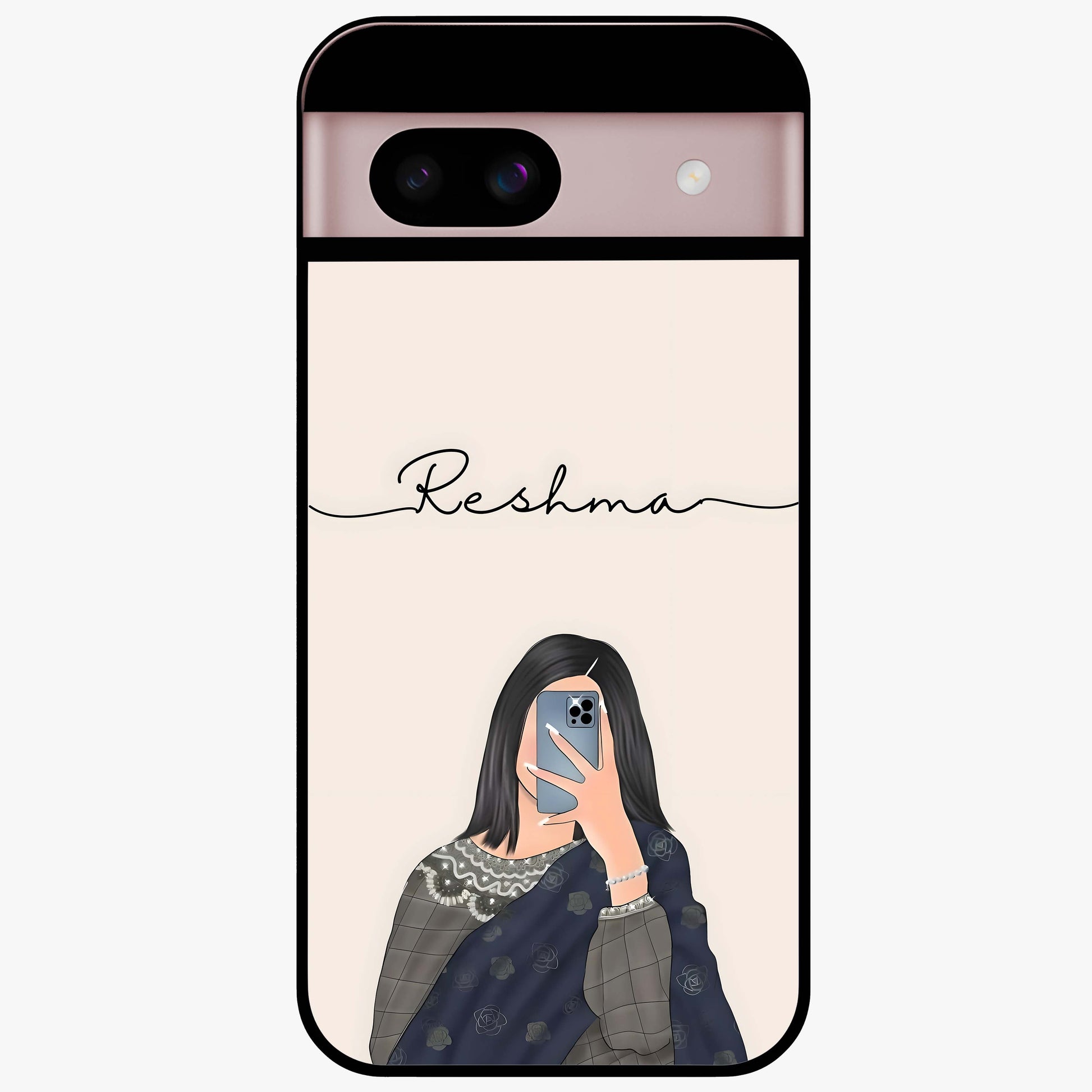 Mirror Mood Muse With Custom Name Glass Case showing flat back view with stylish mirrored artwork and personalized name design.