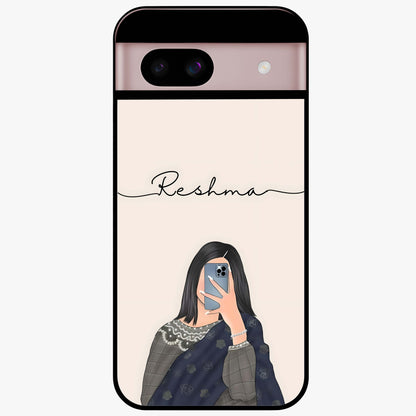 Mirror Mood Muse With Custom Name Glass Case showing flat back view with stylish mirrored artwork and personalized name design.