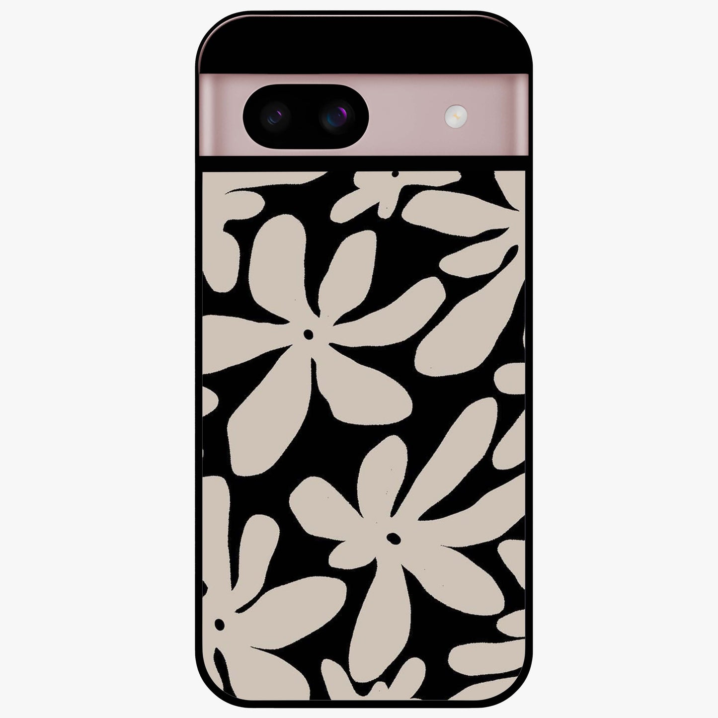 Monochrome Petal Dance Glass Case showing flat back view with monochrome floral artwork and glossy glass finish.