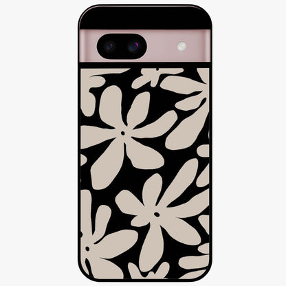 Monochrome Petal Dance Glass Case showing flat back view with monochrome floral artwork and glossy glass finish.