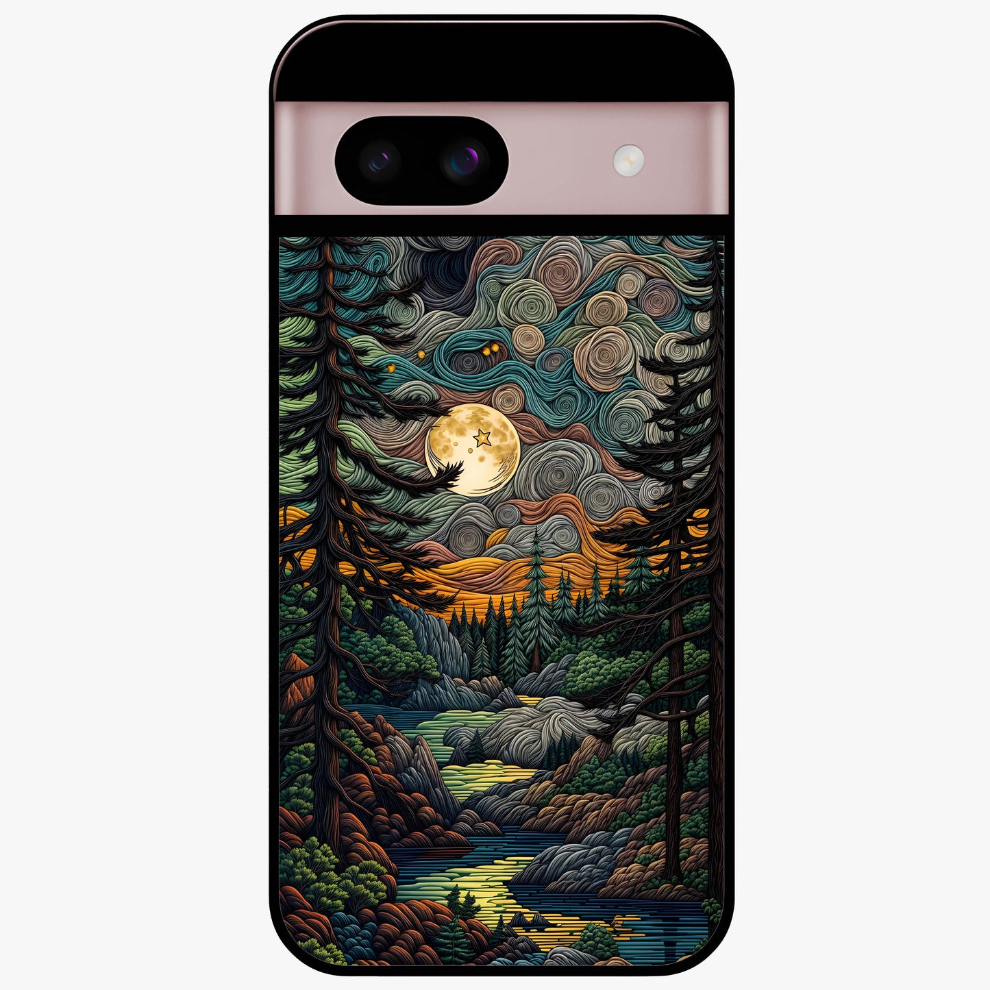 Moonlight Forest Dream Glass Case showing flat back view with mystical forest moonlight artwork and glossy glass finish.