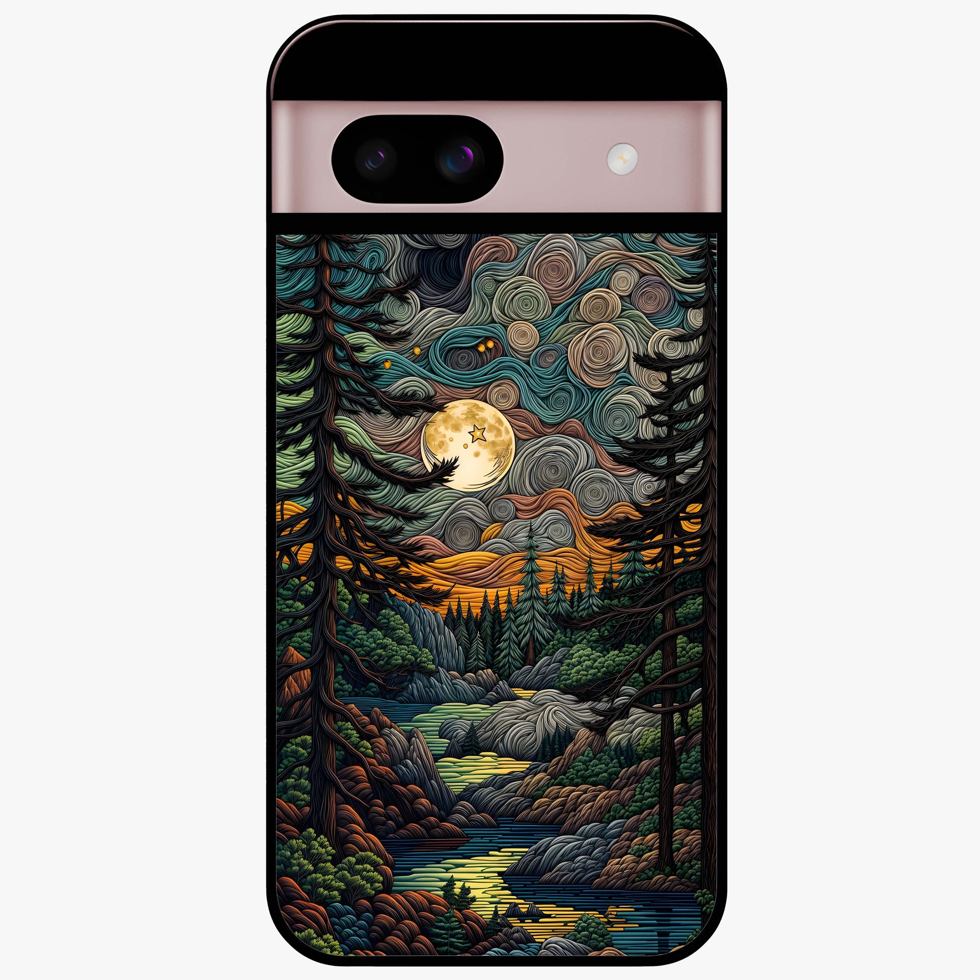 Moonlight Forest Dream Glass Case showing flat back view with mystical forest moonlight artwork and glossy glass finish.