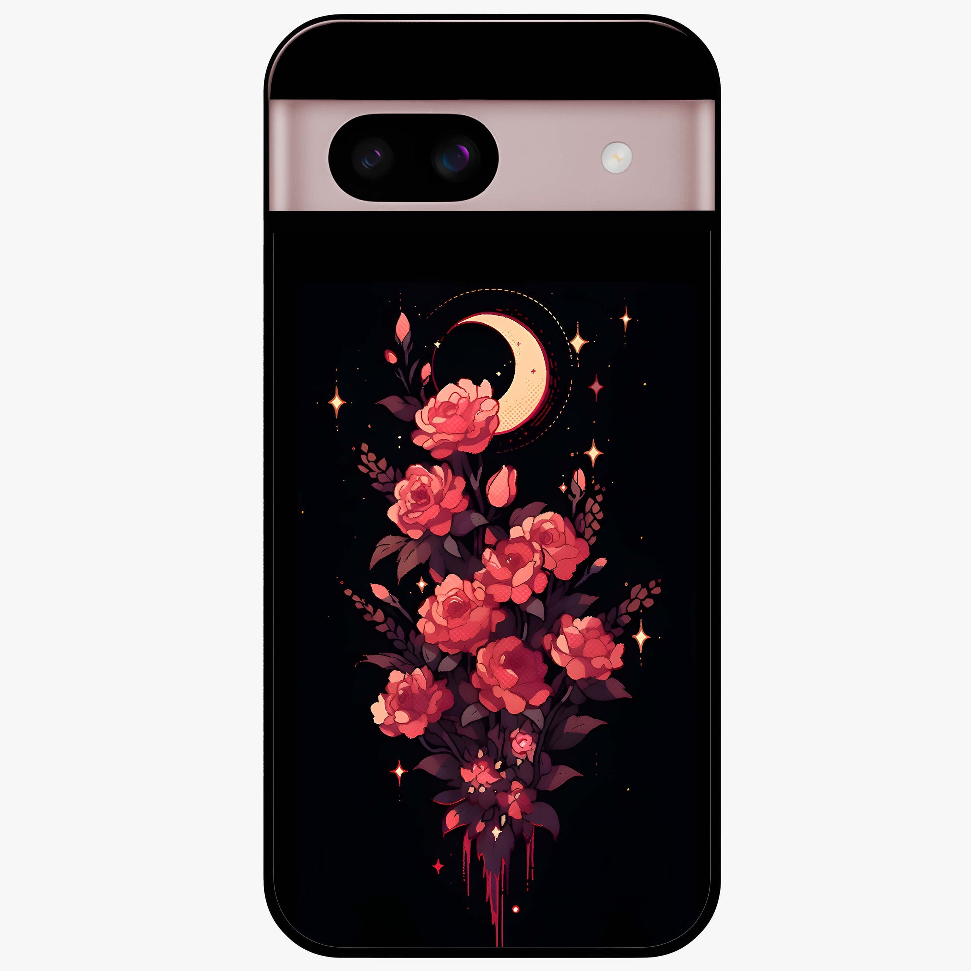 Moonlit Floral Elegance Glass Case showing flat back view with elegant floral artwork under moonlit tones and glossy glass finish.