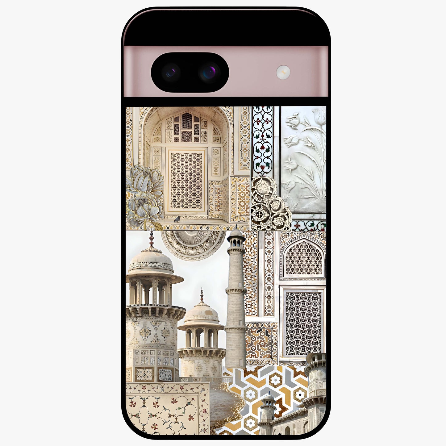 Mughal Marble Legacy Glass Case showing flat back view with intricate Mughal inspired marble pattern and glossy glass finish.