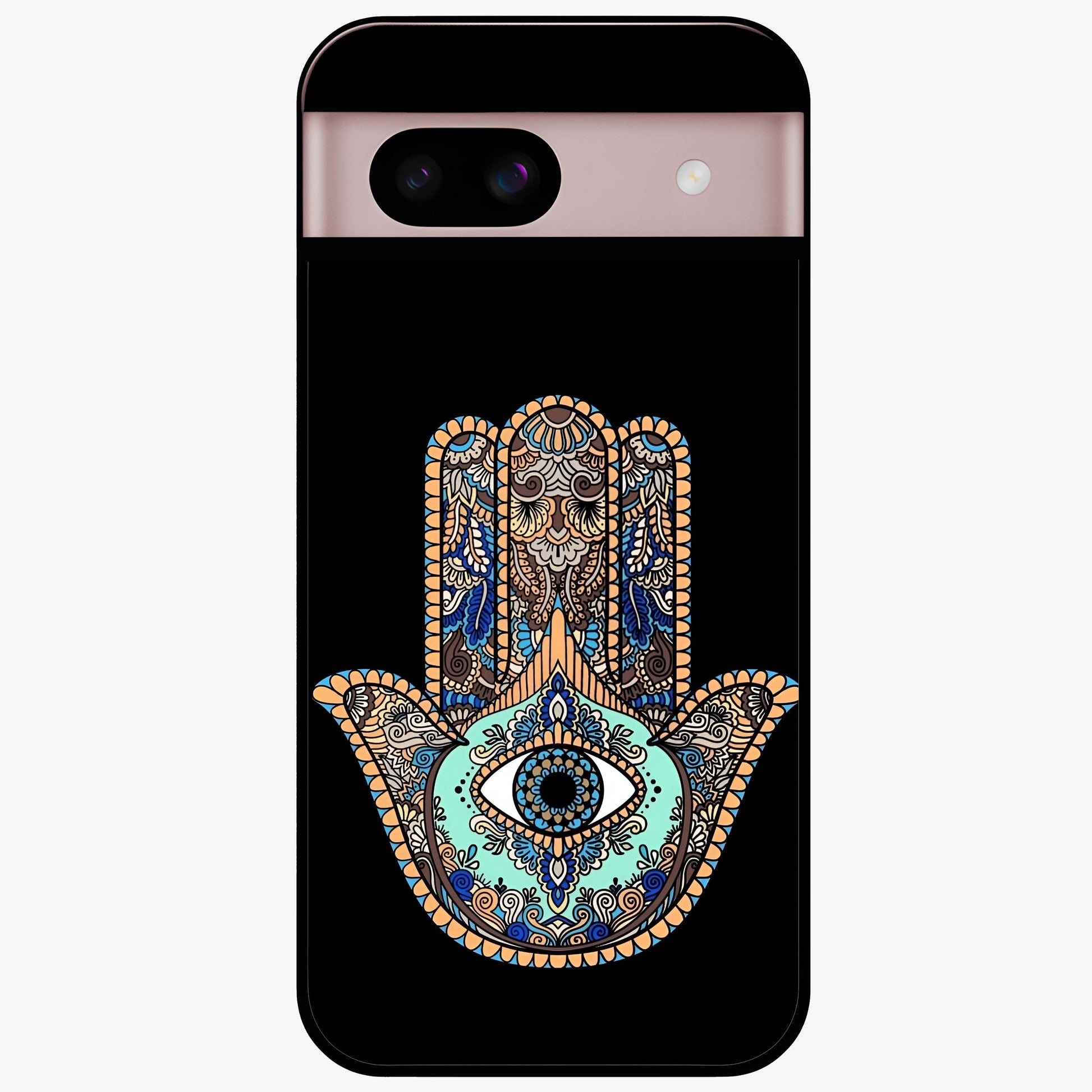 Mystic Hamsa Eye Glass Case showing flat back view with protective hamsa hand and evil eye artwork and glossy glass finish.