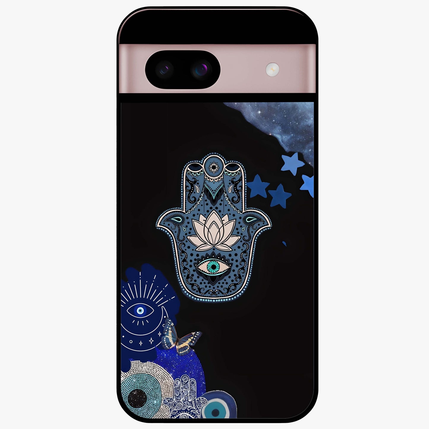 Mystic Hand Aura Glass Case showing flat back view with mystical hand symbol artwork and glossy glass finish.