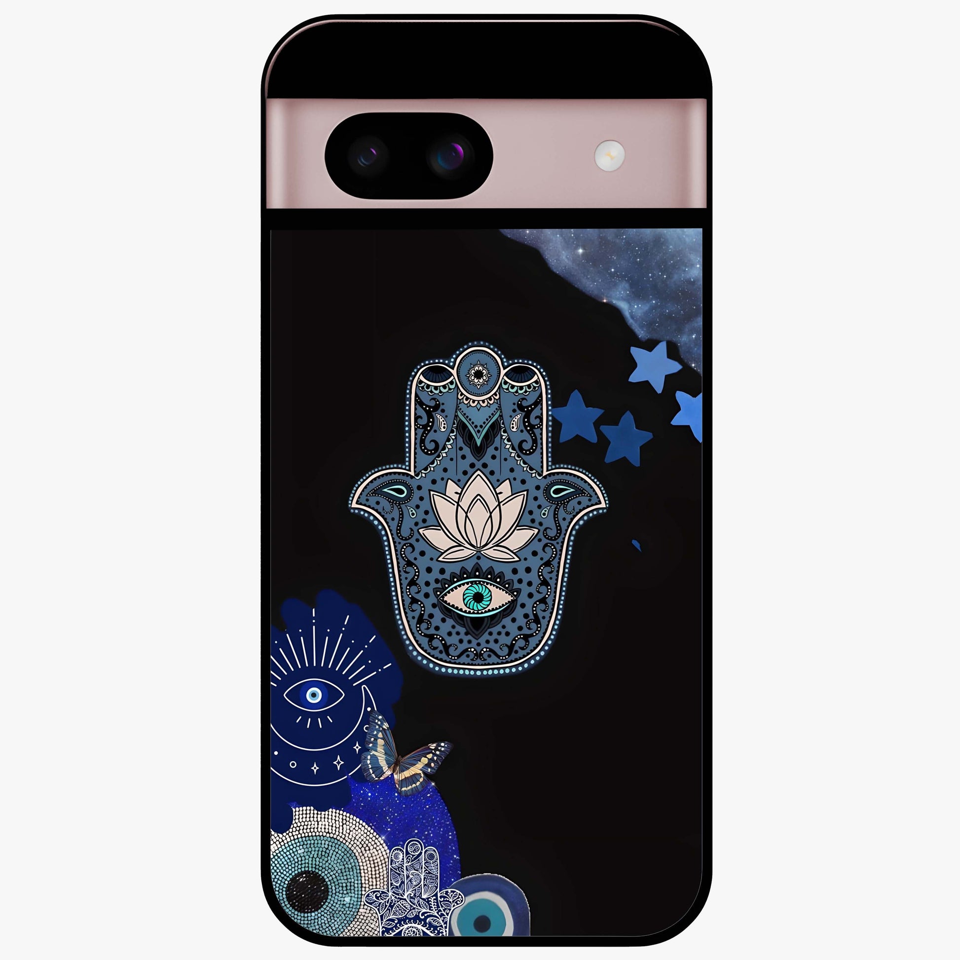 Mystic Hand Aura Glass Case showing flat back view with mystical hand symbol artwork and glossy glass finish.