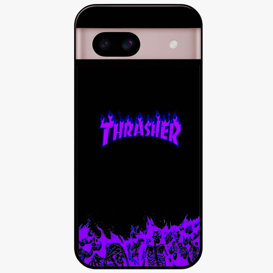 Neon Flame Riot Glass Case showing flat back view with neon flame artwork and glossy glass finish.