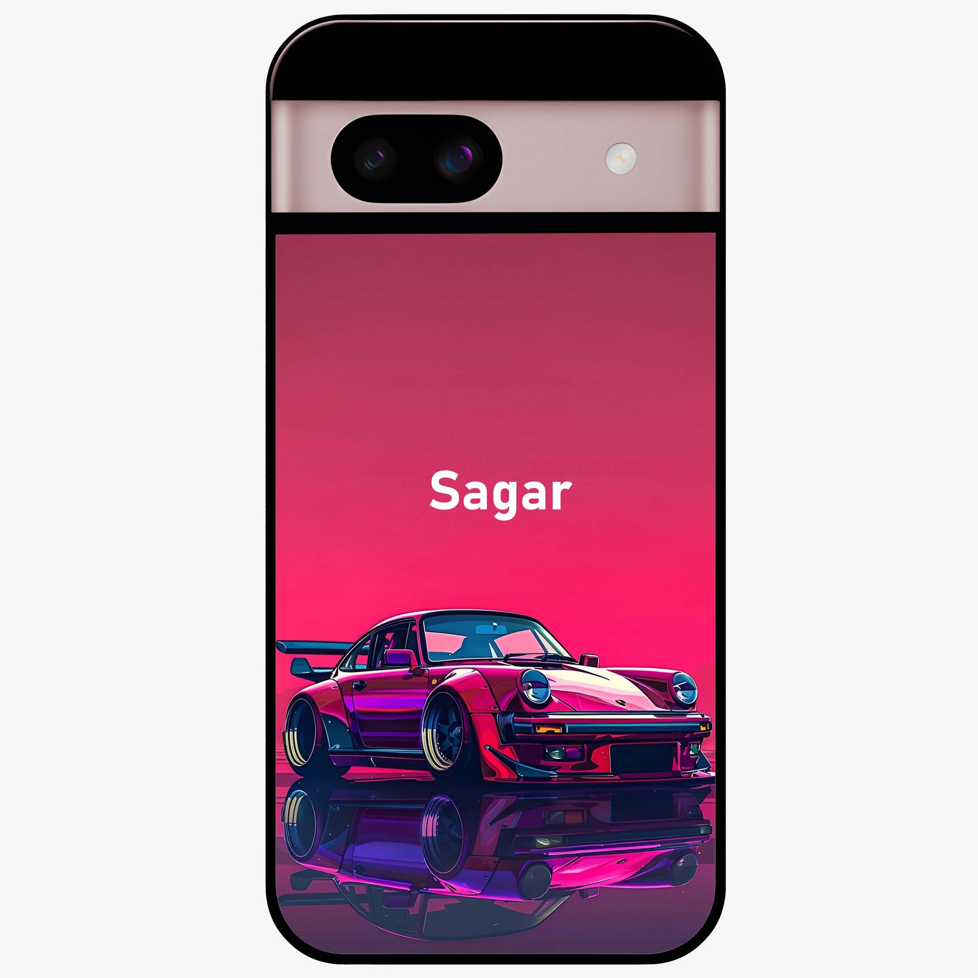 Neon Pink Porsche Glass Case showing flat back view with stylish sports car artwork and glossy glass finish.