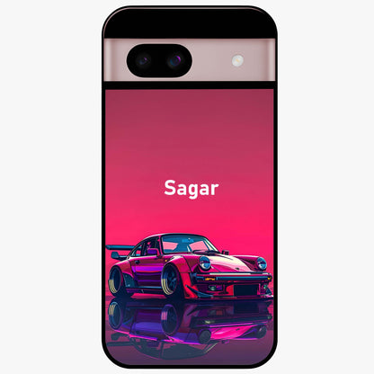 Neon Pink Porsche Glass Case showing flat back view with stylish sports car artwork and glossy glass finish.