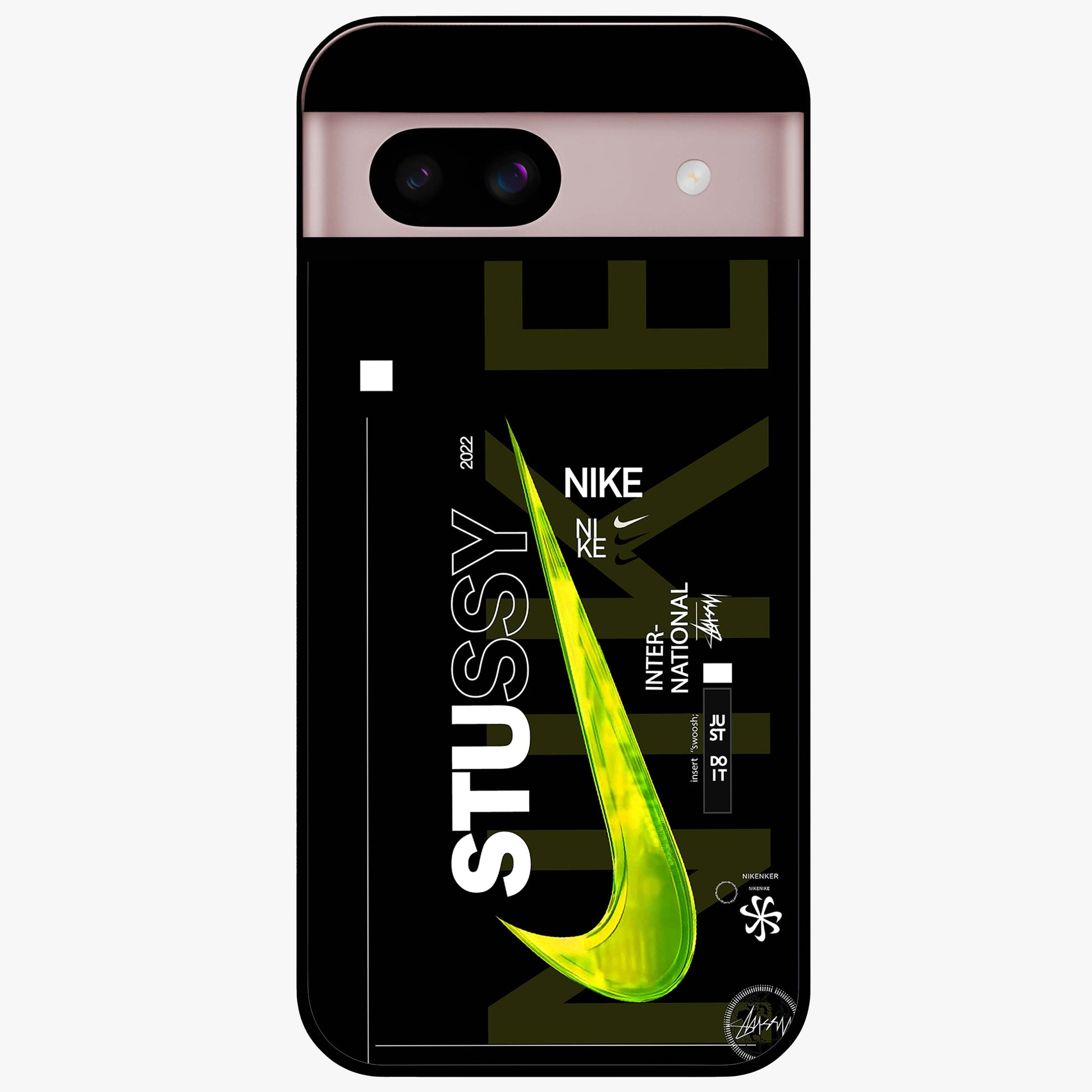 Neon Street Edition Glass Case showing flat back view with neon street style artwork and glossy glass finish.