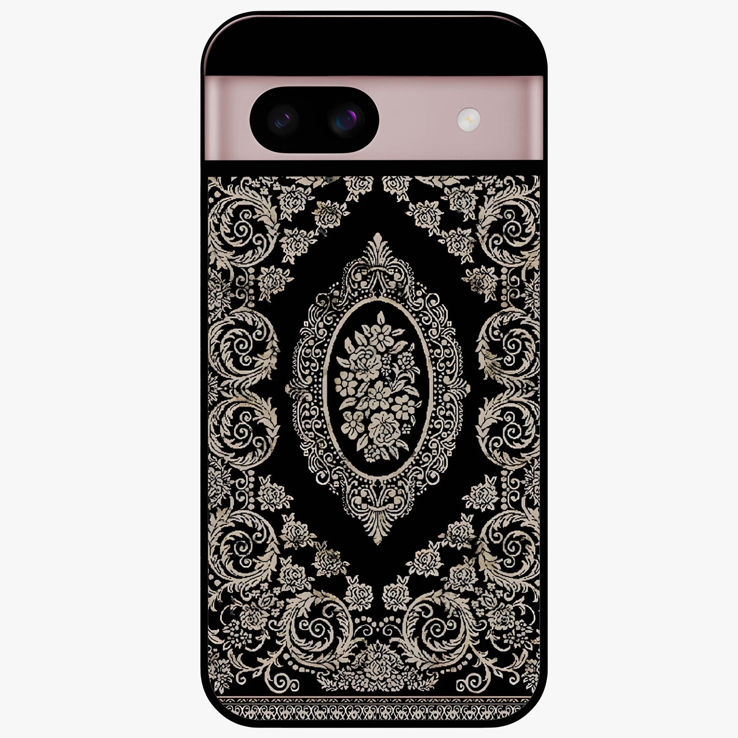 Noir Bloom Elegance Glass Case showing flat back view with elegant dark floral artwork and glossy glass finish.