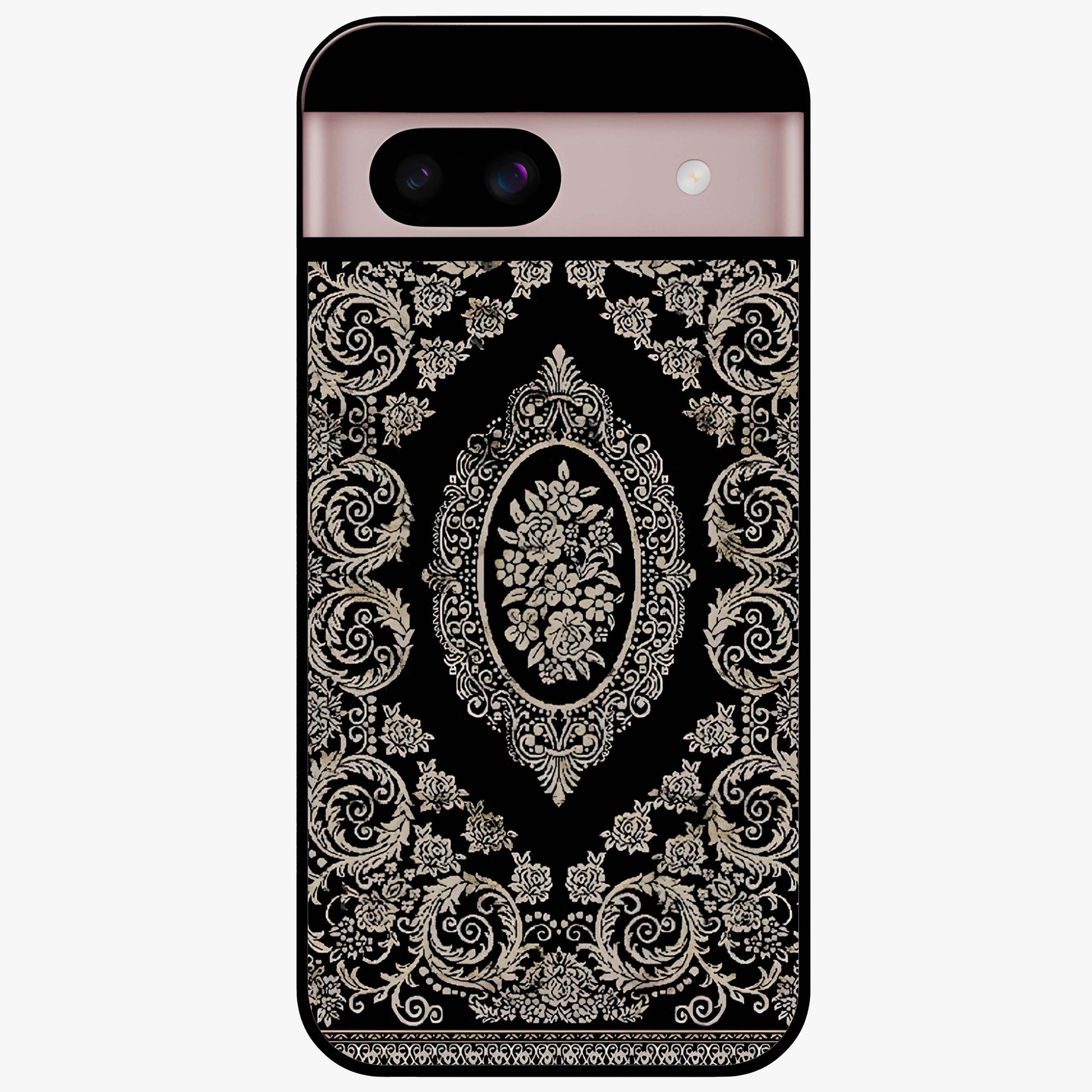 Noir Bloom Elegance Glass Case showing flat back view with elegant dark floral artwork and glossy glass finish.