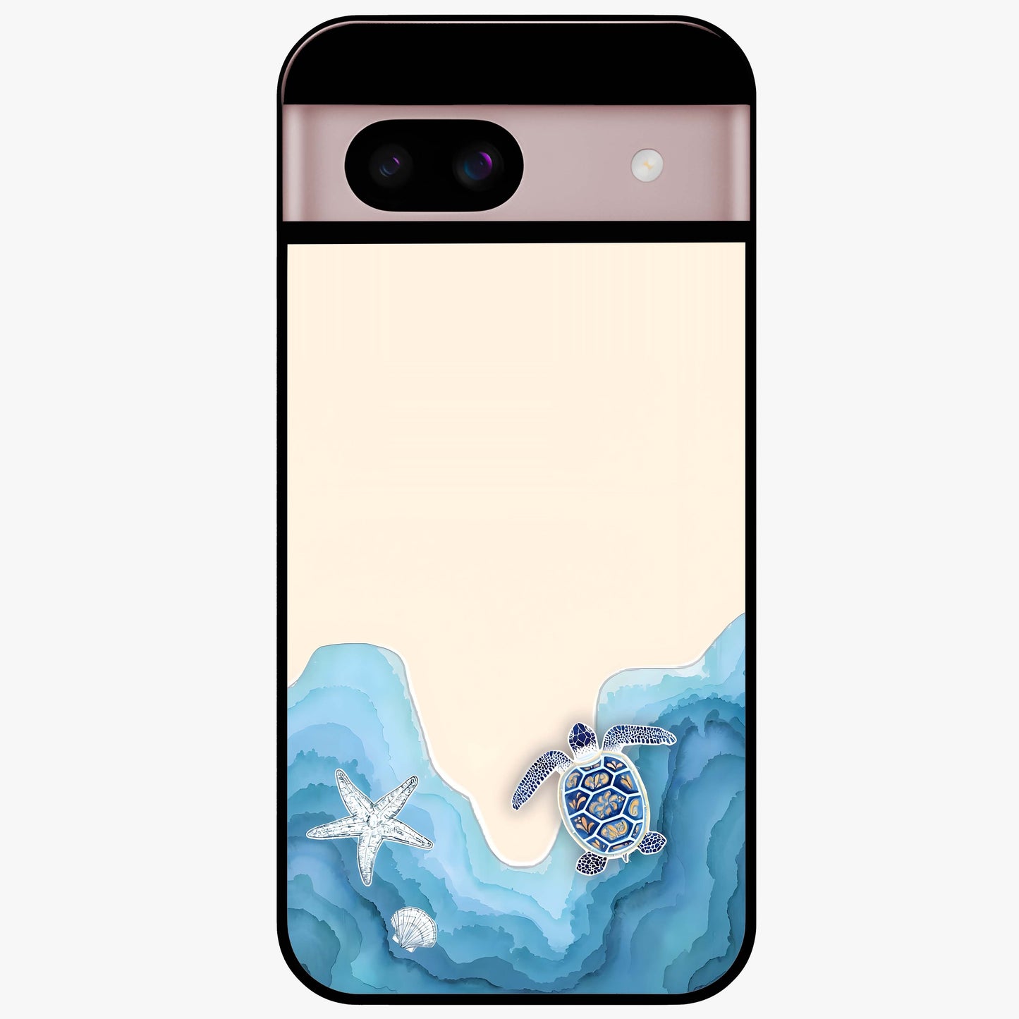 Ocean Drift Turtle Glass Case showing flat back view with sea turtle artwork and glossy glass finish.