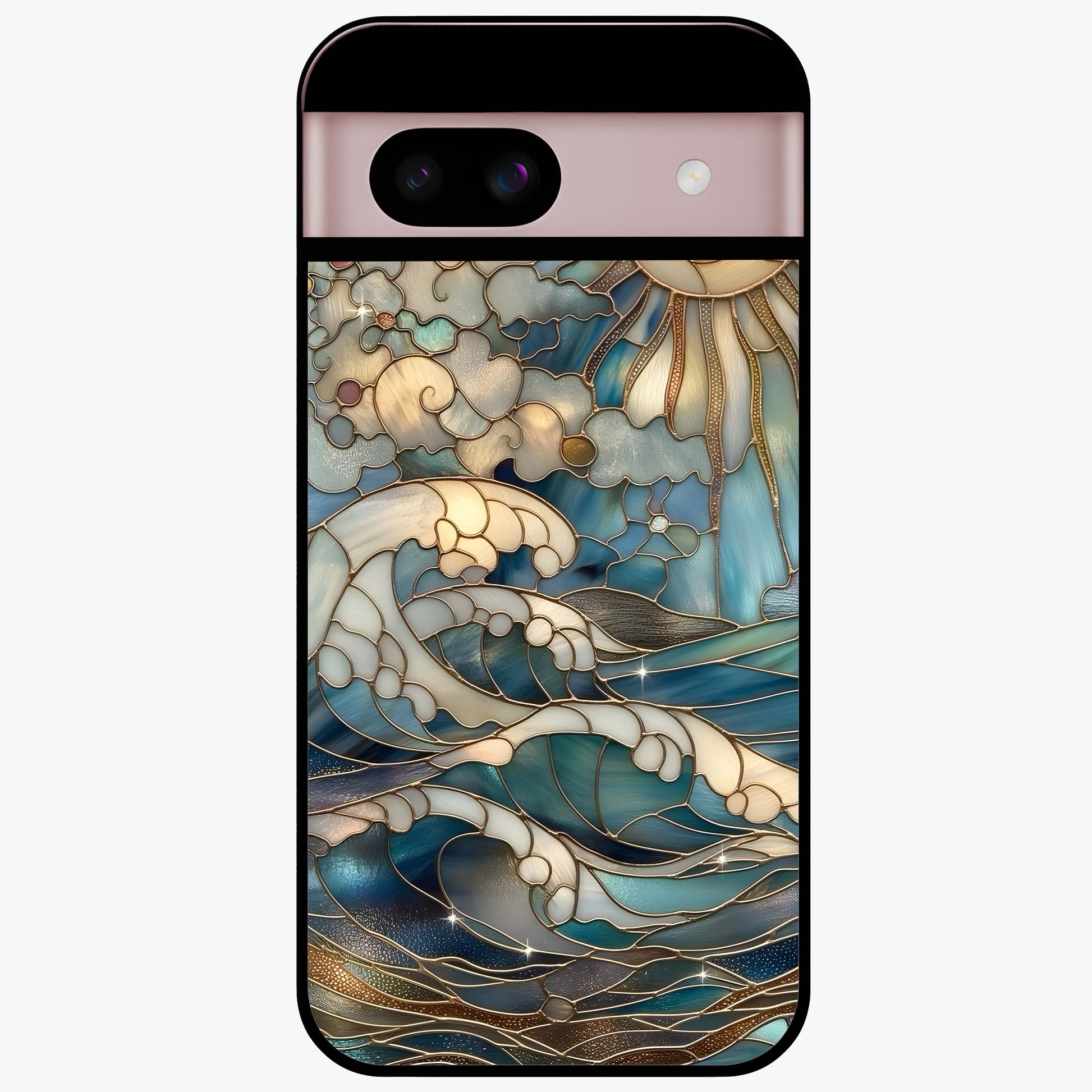 Oceanic Stained Printed Glass Case showing flat back view with ocean inspired stained pattern artwork and glossy glass finish.