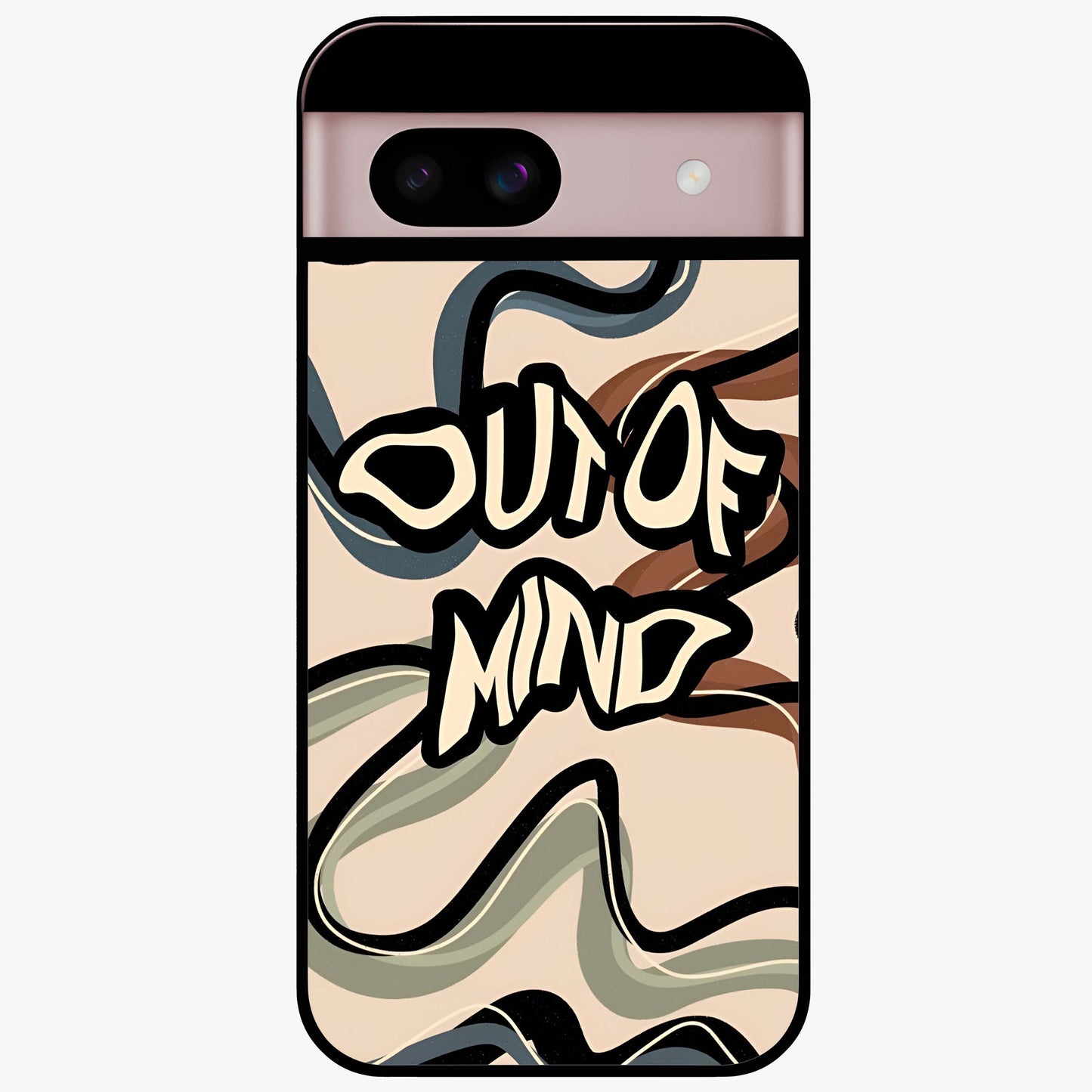 Out Of Mind Glass Case showing flat back view with expressive typography artwork and glossy glass finish.