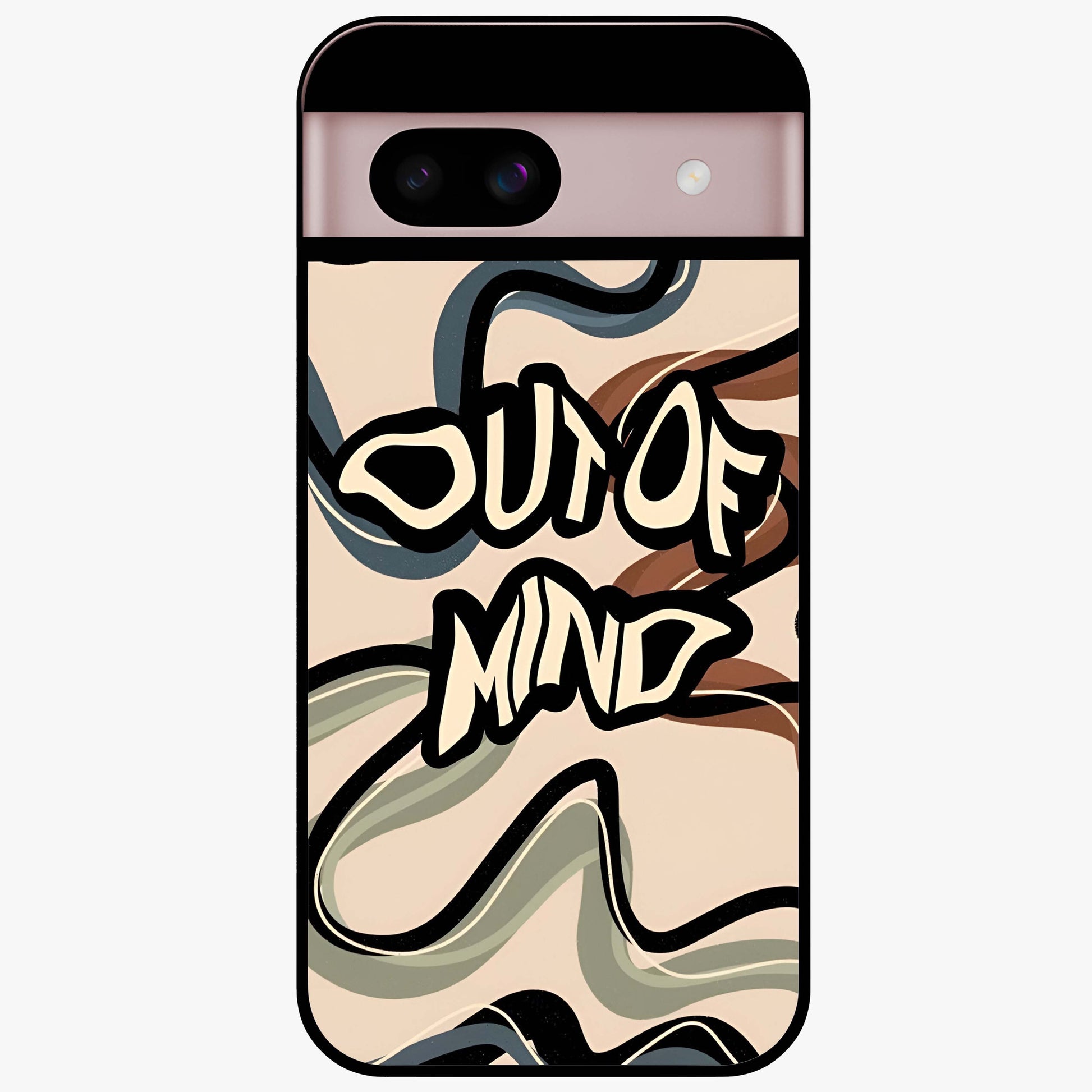 Out Of Mind Glass Case showing flat back view with expressive typography artwork and glossy glass finish.