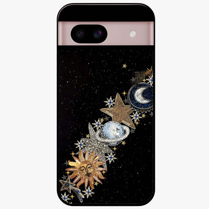 Pearls Universe Object Glass Case showing flat back view with pearl inspired cosmic artwork and glossy glass finish.