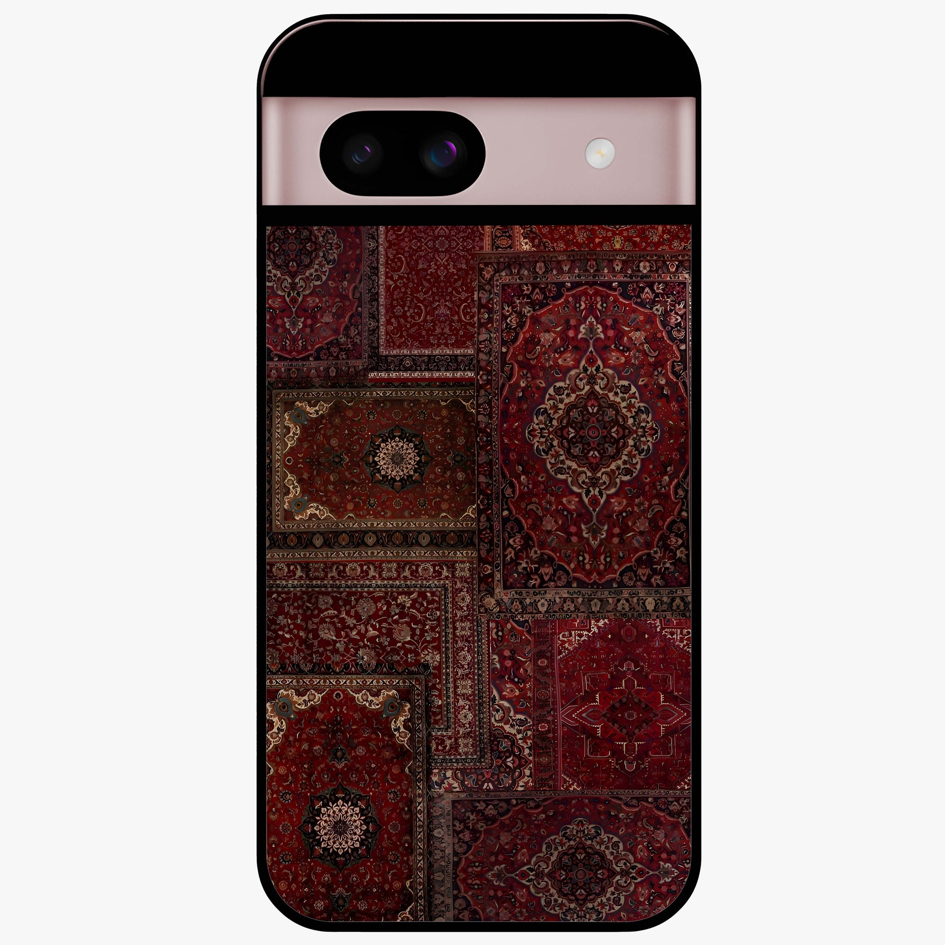 Persian Velvet Tale Glass Case showing flat back view with luxurious Persian velvet pattern artwork and glossy glass finish.