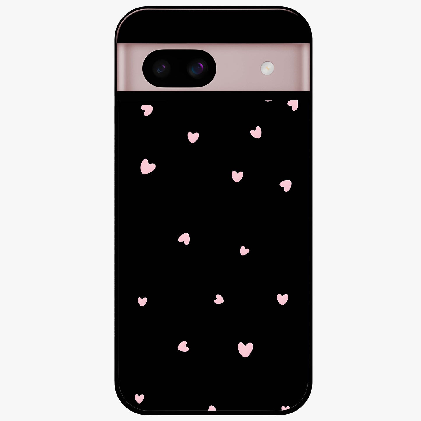 Pink Love Drops Glass Case showing flat back view with playful pink heart drops artwork and glossy glass finish.
