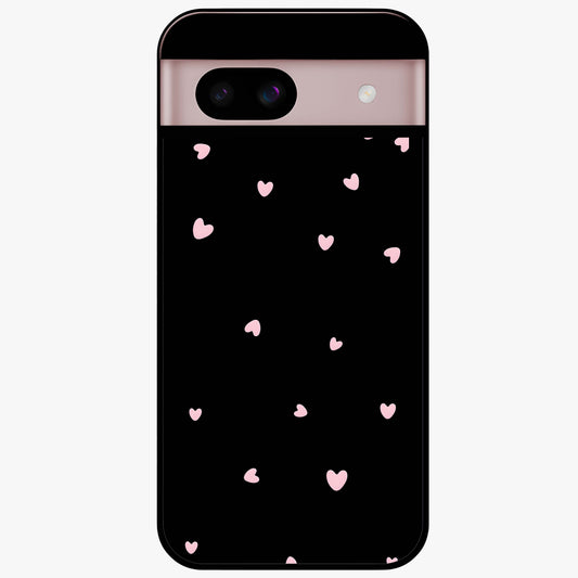 Pink Love Drops Glass Case showing flat back view with playful pink heart drops artwork and glossy glass finish.