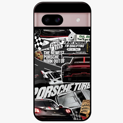 Porsche Racing Collage Glass Case showing flat back view with sports car racing collage artwork and glossy glass finish.