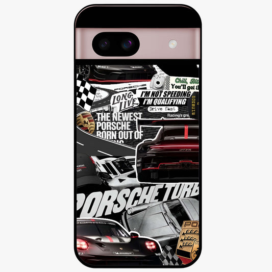 Porsche Racing Collage Glass Case showing flat back view with sports car racing collage artwork and glossy glass finish.