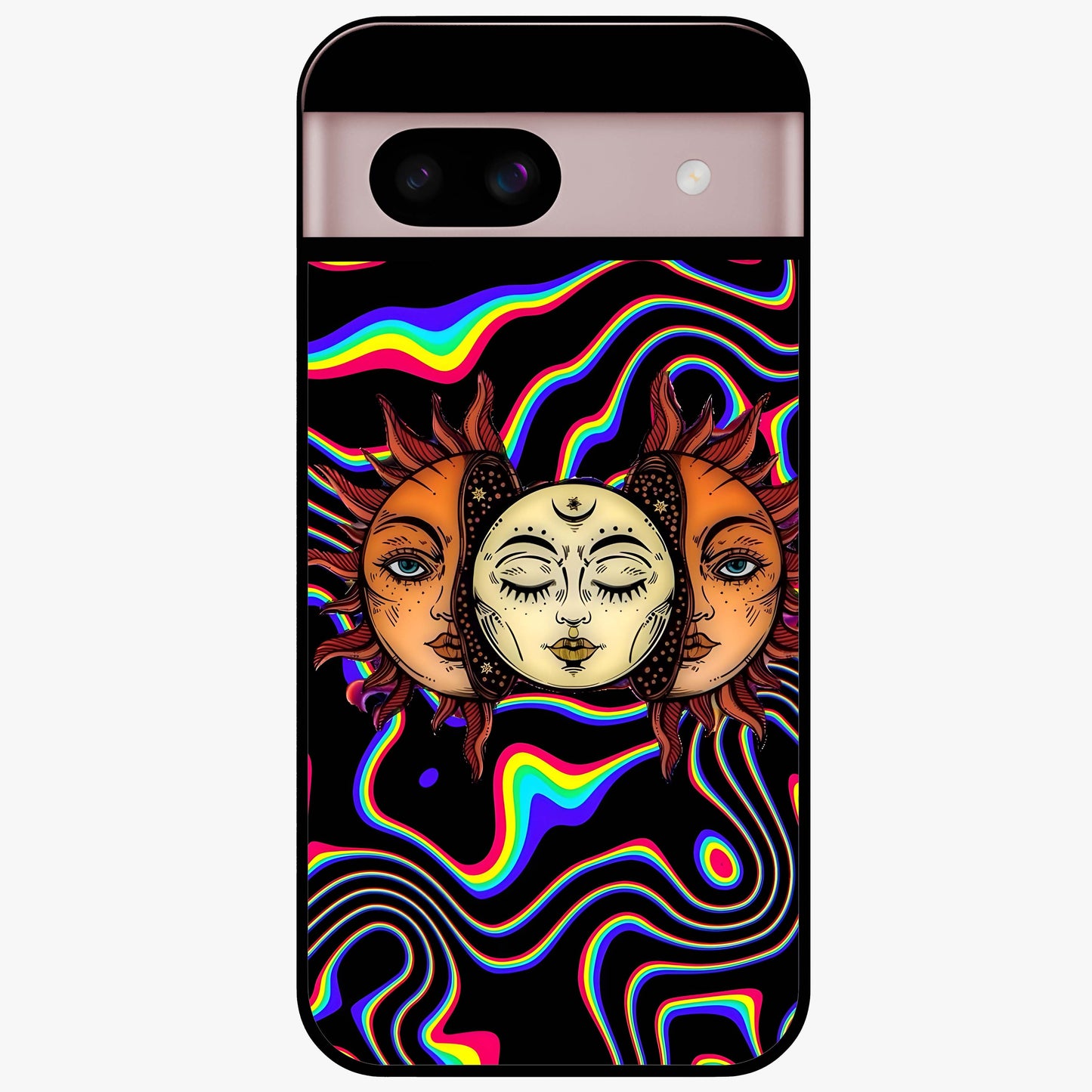 Psychedelic Sun Glass Case showing flat back view with colorful psychedelic sun artwork and glossy glass finish.