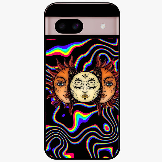 Psychedelic Sun Glass Case showing flat back view with colorful psychedelic sun artwork and glossy glass finish.