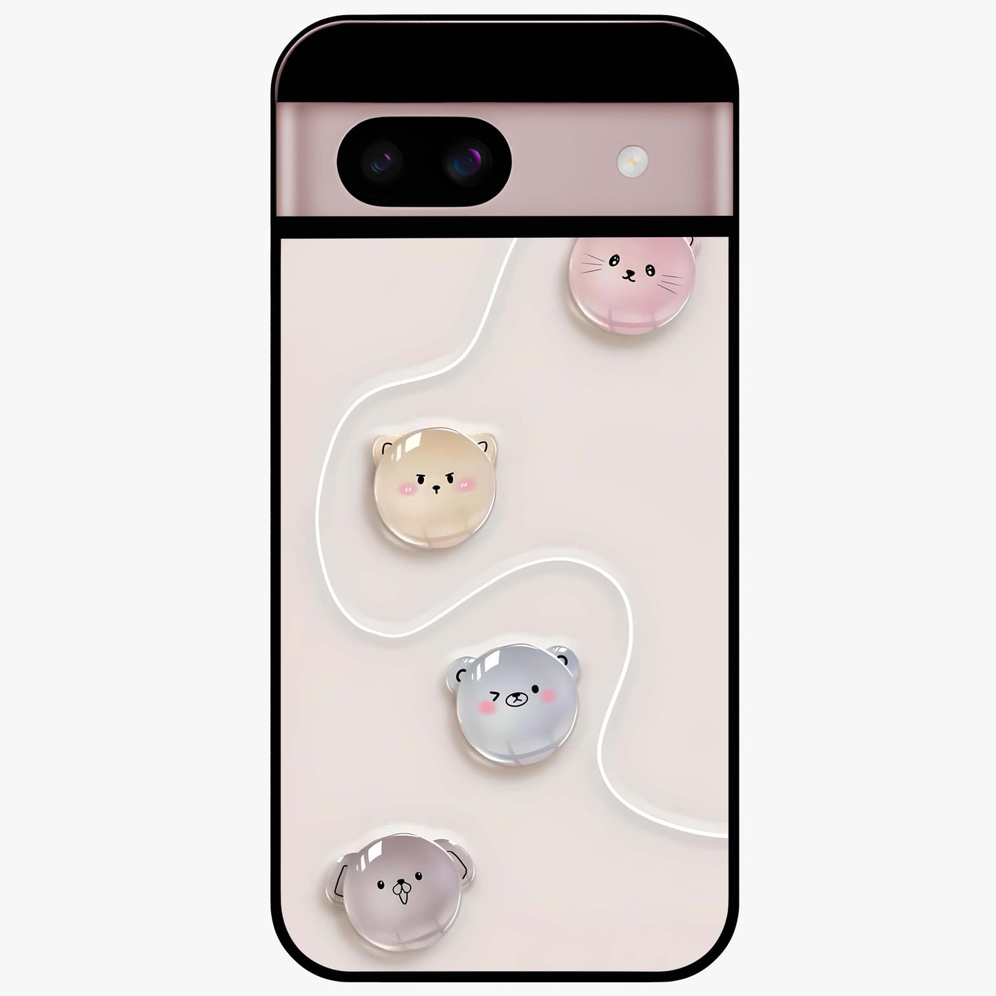 Puffy Face Parade Glass Case showing flat back view with cute puffy character faces artwork and glossy glass finish.