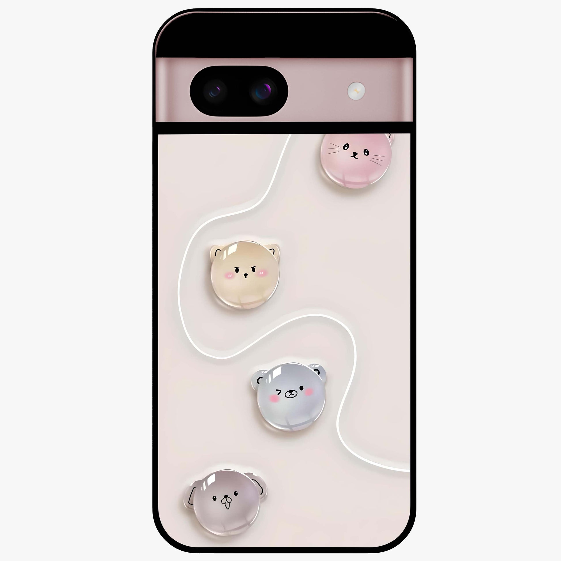 Puffy Face Parade Glass Case showing flat back view with cute puffy character faces artwork and glossy glass finish.